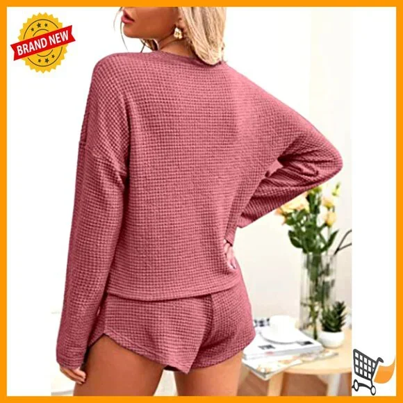 Waffle Knit Lounge Set Long Sleeve Top Shorts Pockets Oversized Comfy